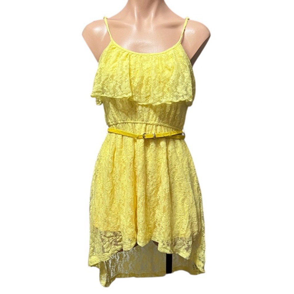 Qurio By Aggie Yellow Asymmetrical Ruffled Spaghetti Strap Halter Lace Sundress